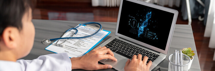 Medical science technology and futuristic healthcare virtual computer software analyze human health...