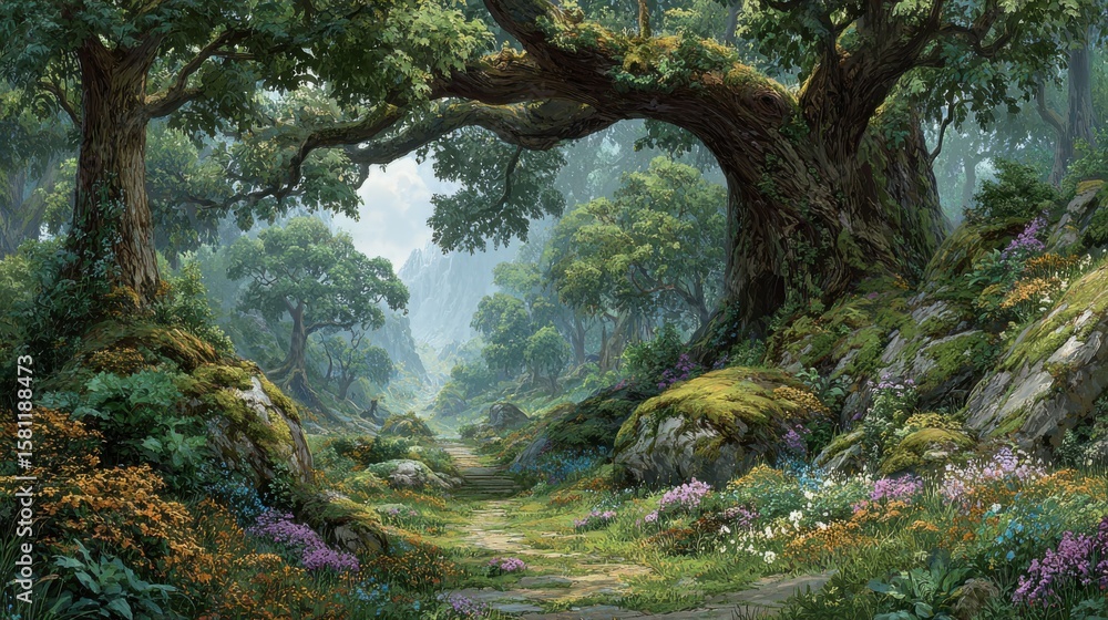 Poster a forest with a path leading through it. the path is surrounded by trees and flowers