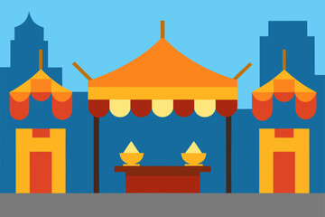 street scene with stalls and golden diya