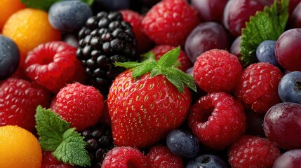 Obraz premium A close up of a variety of berries including strawberries, blueberries, and raspberries. Concept of abundance and freshness, as the berries are piled high and appear to be ripe and ready to eat