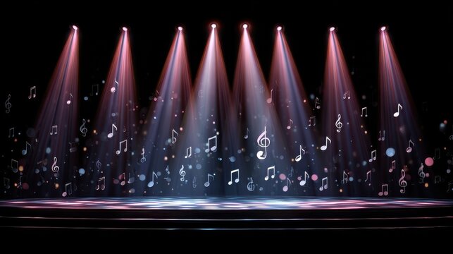 Illustration of a singing contest stage with bright lights, ample copy space, icons of music notes