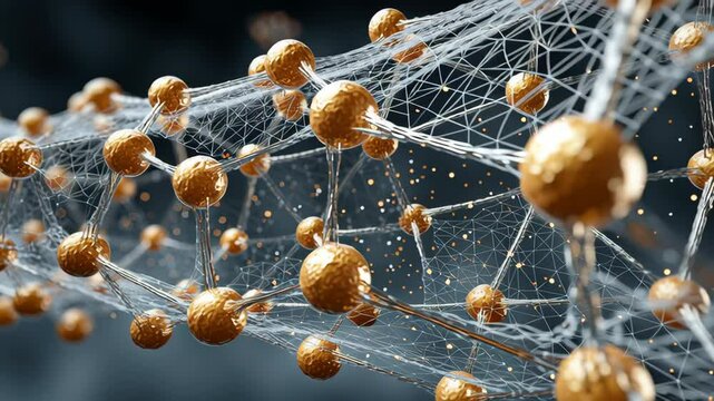 Realistic nanostructure network within synthetic material showcases intricate connections, vibrant colors, and golden spheres, highlighting