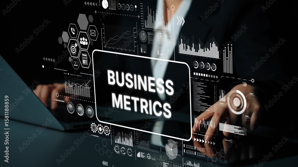 Poster professional business metrics analysis with graphs and data visualizations on a modern computer scre