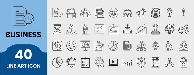 Clean Business Line Art Icons Pack Showing Teamwork, Office Elements, Target, Graphs, Pie Chart, Ideas, Documents, Growth, Communication, Strategy, Planning and Development Concepts