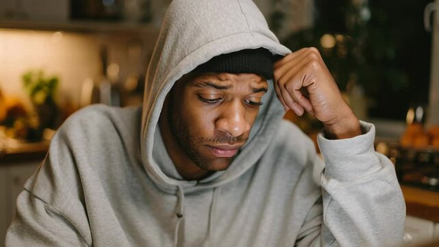 Pensive man in hoodie staring at computer in cozy home environment