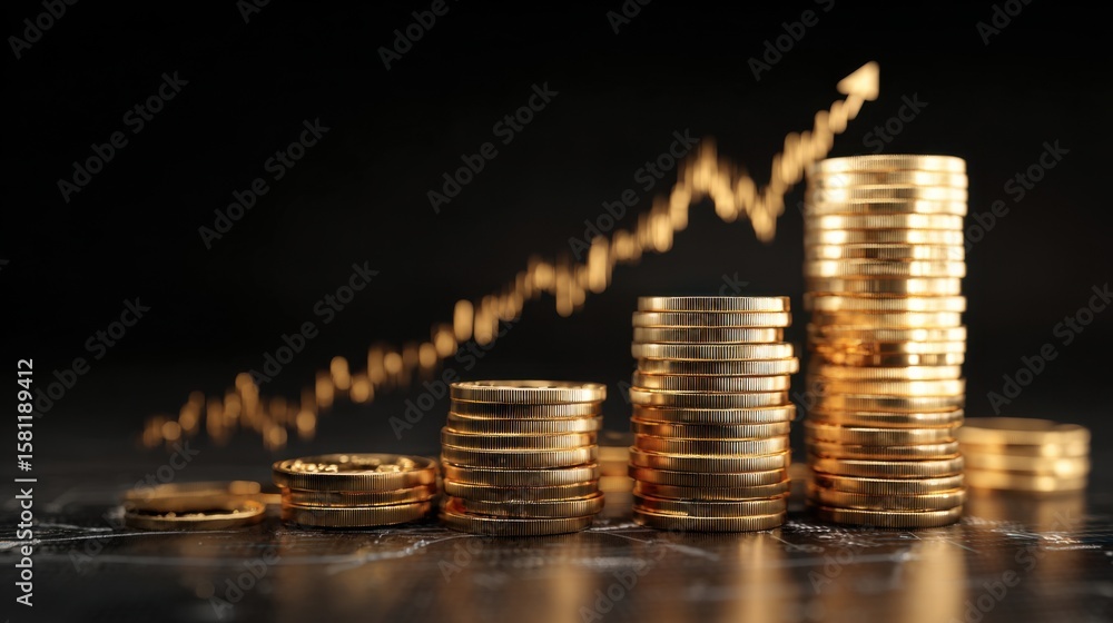 Aufkleber a stack of gold coins on a table with a graph showing a rising trend. concept of wealth and prosperi