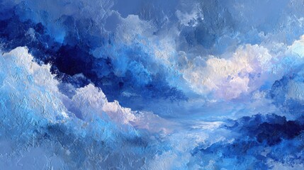 Obraz premium A painting of a cloudy sky with a blue hue. The sky is filled with clouds, and the painting has a sense of depth and movement. The mood of the painting is calm and serene