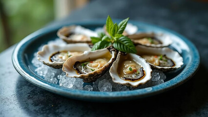 Fresh oysters on blue plate. Close up. 