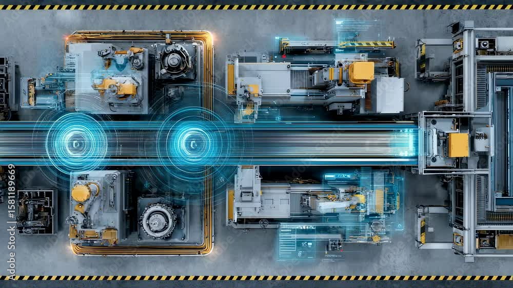 Poster automated production line controlled by artificial intelligence in a smart factory, featuring roboti