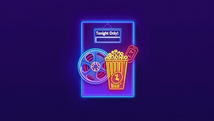 Bright neon illustration of a drink and popcorn combo in a glowing purple frame, resembling a retro cinema snack combo ad. Fun and nostalgic. Generative AI.