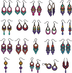 Intricate Colorful Earring Designs: A Vibrant Vector and Illustration Collection of Diverse Jewelry Styles and Woman Silhouettes, Perfect for Fashion and Beauty Projects.