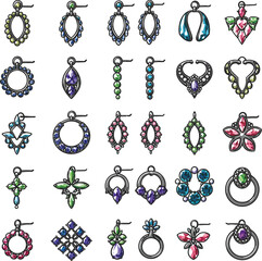 Intricate Colorful Earring Designs: A Vibrant Vector and Illustration Collection of Diverse Jewelry Styles and Woman Silhouettes, Perfect for Fashion and Beauty Projects.