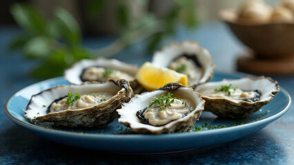 Fresh oysters on blue plate. Close up. 