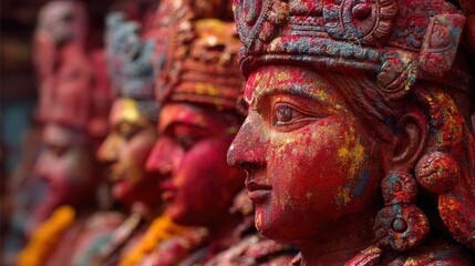 Obraz premium Holy hindu statues covered in tika (sacred red powder) during the Tihar Festival and Holi Festival in Nepal, no logos, no brands