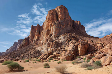 Fototapeta premium Majestic Red Rock Formation Towering Over Sandy Desert Landscape Under Blue Sky with Sparse Vegetation
