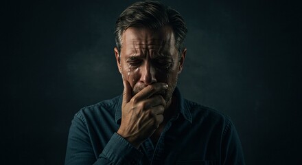 Fototapeta premium Dramatic Portrait of a Man Crying, Tears Streaming Down His Face with Emotional Anguish