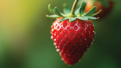 Macro photo of ripe red strawberries with seeds clearly visible, still attached to the plant