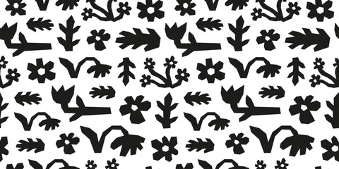 Black and white seamless pattern with paper cut flowers and leaves. Boho contemporary minimalist background.