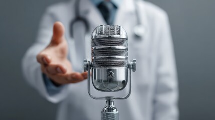 A healthcare professional explaining medical topics into a podcast mic, framed by studio
