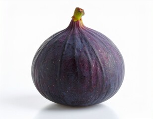 Close-up of a plump, dark purple fig with fine textures and a green-tipped stem, set against a white backdrop