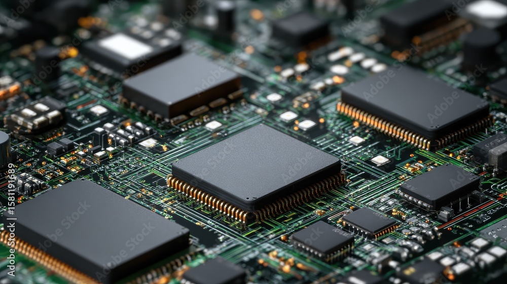 Poster high-tech electronic circuit board background with close-up macro view of complex semiconductor chip