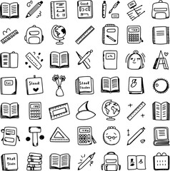 A variety of handdrawn school supplies and educational icons isolated on transparent background
