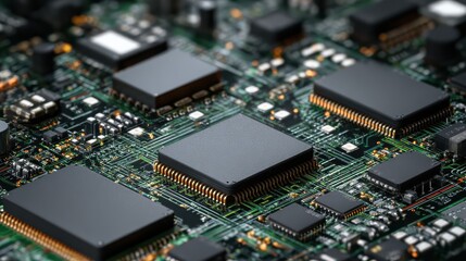 Obraz premium High-tech electronic circuit board background with close-up macro view of complex semiconductor chips connected to motherboard technology components.