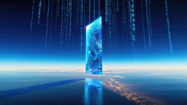 Sci-fi portal emerging from ocean with glowing binary code raining from the sky. Surreal futuristic scene ideal for conceptual digital designs. Generative AI