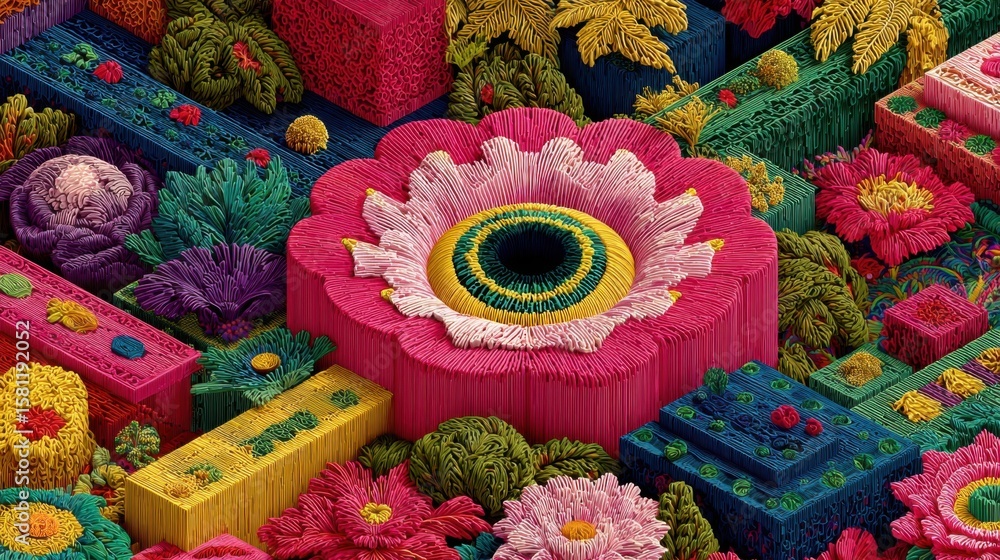 Poster this vibrant composition features a lush array of flowers and foliage made from colorful threads, fo