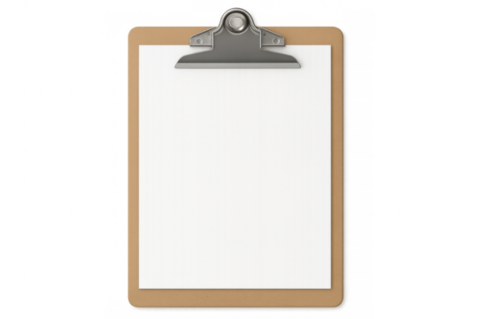 Empty clipboard with a metal clip on a transparent background, ideal for design projects, presentations, or educational purposes