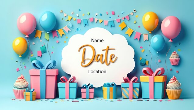 Birthday party invitation template with balloons, cupcakes, gifts, and confetti around a central name and date text box. Bright, fun, and festive. Generative AI