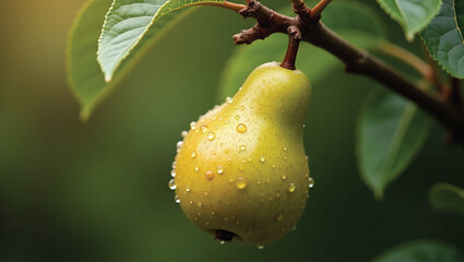 Ripe pears on a branch, glistening with dew drops in soft sunlight. Freshly harvested or still on the tree, a healthy and delicious treat.