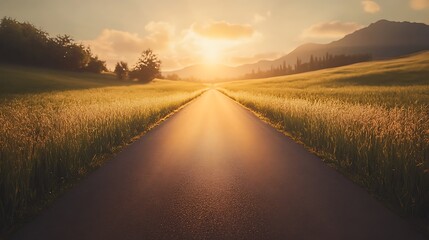 Peaceful rural road surrounded by tall green grass fields, bathed in warm golden morning sunlight. The sky is soft and clear, evoking serenity and natural beauty.