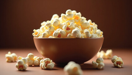 A bowl of fresh popcorn on a brownish background