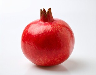 A plump, ripe pomegranate with a vivid red hue and a short crown, isolated against a white backdrop