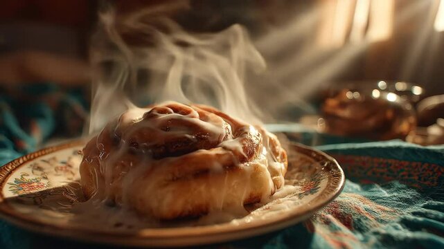 Warm sweet roll with frosting on a decorative plate with steam
