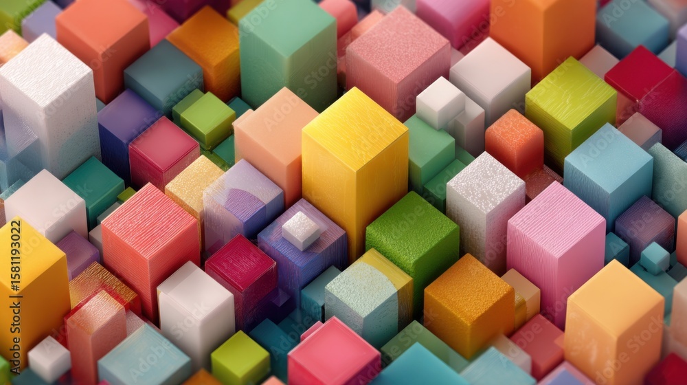 Poster a captivating display of cubes in multiple sizes and colors is arranged densely across a surface, cr