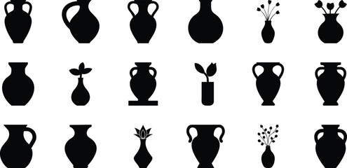 Vase and flower icon set, silhouette pottery, decorative containers, floral elements, and home decor plant graphics