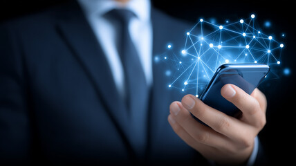 Businessman Holding Smartphone Revealing Futuristic Digital Network Connections and Data Flow
