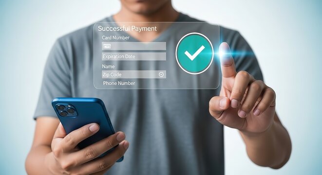 Person uses smartphone and touches holographic screen confirming successful payment with a green checkmark