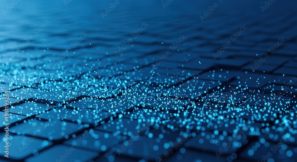 Poster abstract blue digital grid with glowing particles creating a futuristic and technological background