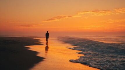 Obraz premium Silhouette of man standing on beach during sunset reflecting peace solitude relaxation ocean waves golden sky horizon travel nature mindfulness calmness scenic inspiration