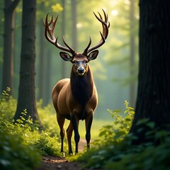 Majestic Male Deer with Antlers in Lush Green Forest under Bright Daylight – Wildlife Illustration