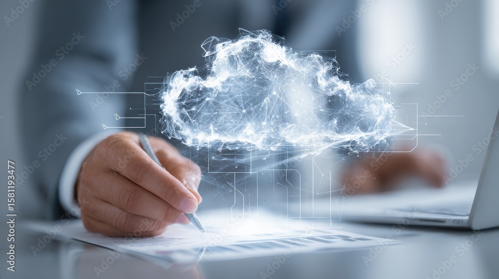 Aufkleber businessman hand working with a cloud computing diagram on the new computer interface as concept, no