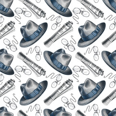 Seamless pattern of men's hats, newspaper rolls, and optical glasses. Hand-drawn watercolor illustration. Perfect for textiles, wrapping paper, packaging, holiday decor, and more.
