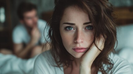 Stressed woman having relationship problems with man sitting on bed at home