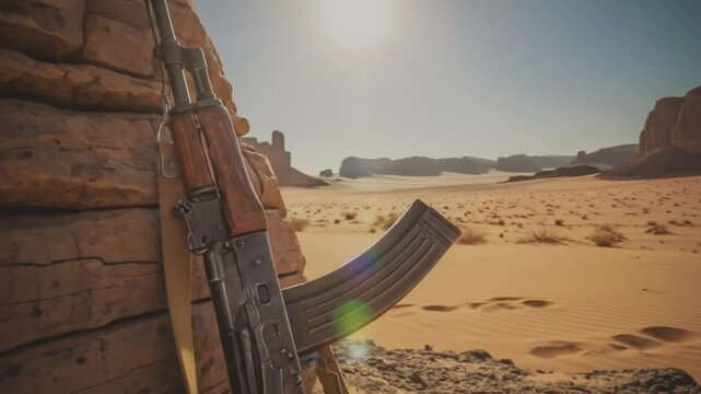 A detailed and high-quality close-up shot of a well-maintained Kalashnikov assault rifle, showcasing its iconic design and intricate mechanical components. Ideal for military-themed projects, document