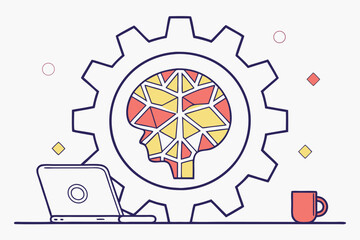 Geometric Brain Gear Laptop and Coffee Cup Illustration