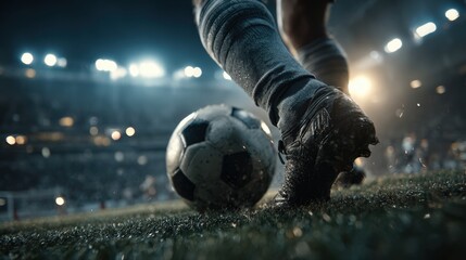 A soccer player makes contact with the ball on a slick pitch, surrounded by bright stadium lights and an energized crowd. The exciting atmosphere adds to the thrilling game.
