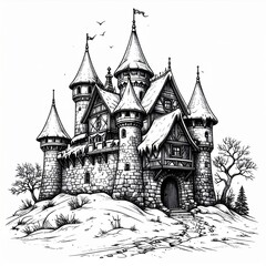 Obraz premium Detailed Black And White Illustration of Fantasy Stone Castle with Towers